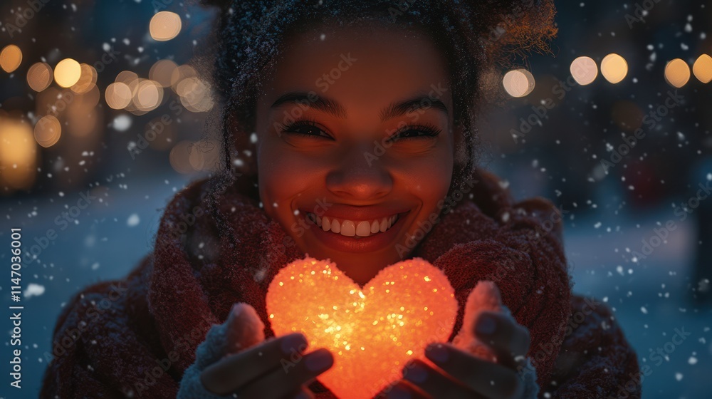 Smiling woman holding glowing heart in snowy night. Smiling woman holding glowing heart in snowy night.