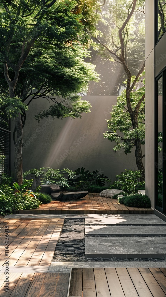 A tranquil modern courtyard featuring wooden decking, lush green plants, and sunlight streaming through the trees, creating a peaceful outdoor space. A tranquil modern courtyard featuring wooden decking, lush green plants, and sunlight streaming through the trees, creating a peaceful outdoor space.
