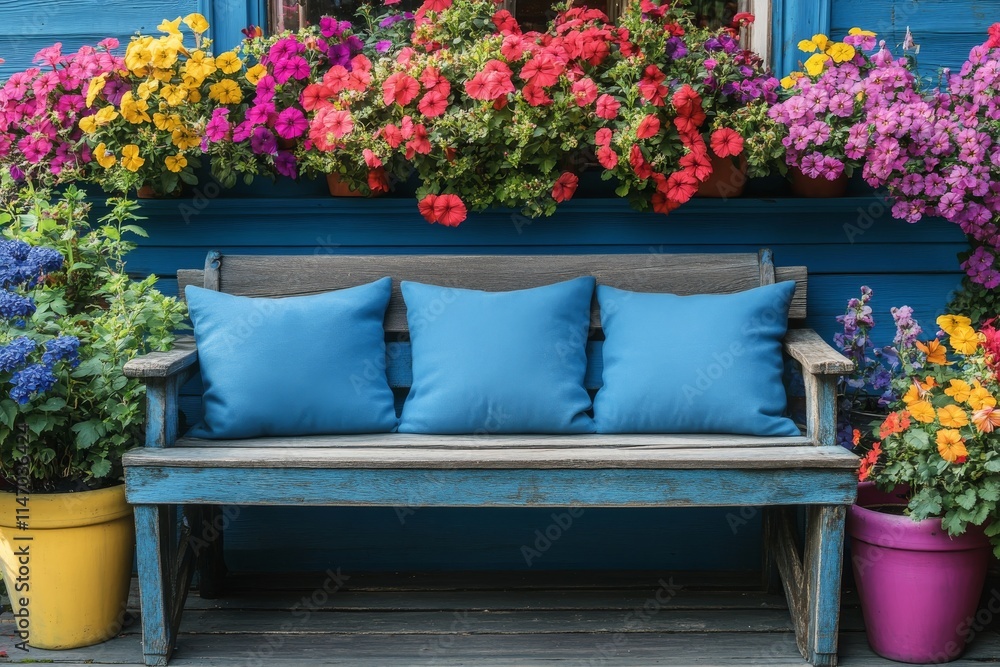 Fototapeta premium Brightly colored flowers surround a blue bench in a vibrant outdoor setting filled with blooming plants on a