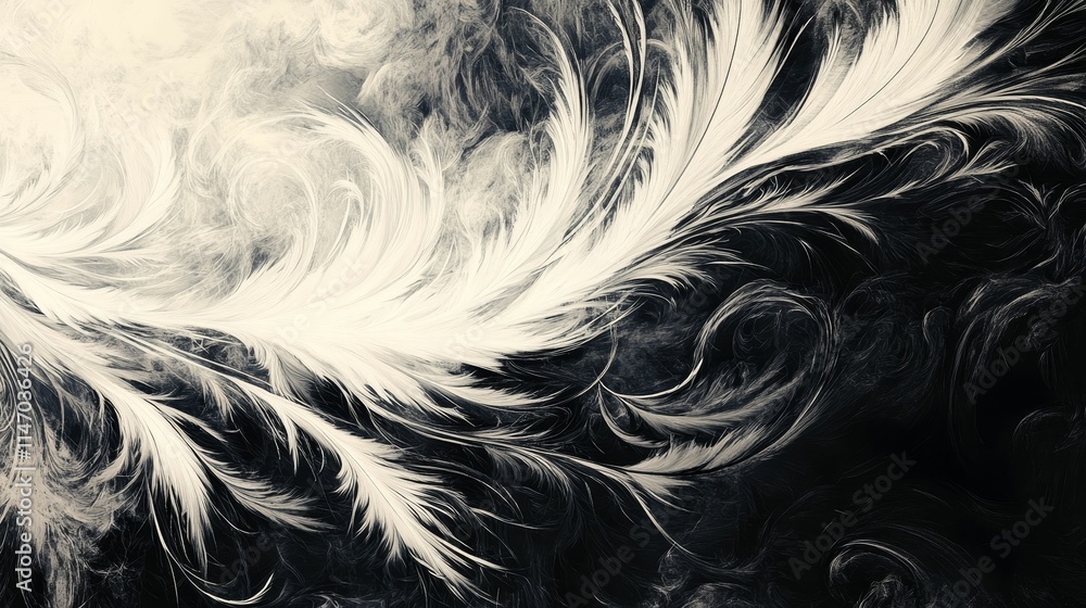 Fototapeta premium Abstract swirling grayscale feather patterns.
