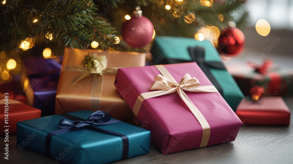 Beautiful Gift Boxes with Ribbons Under a Christmas Tree in a Cozy Setting Beautiful Gift Boxes with Ribbons Under a Christmas Tree in a Cozy Setting