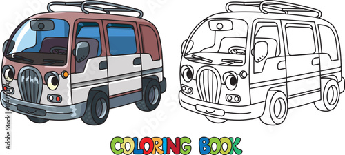 Funny small food truck car with eyes Coloring book