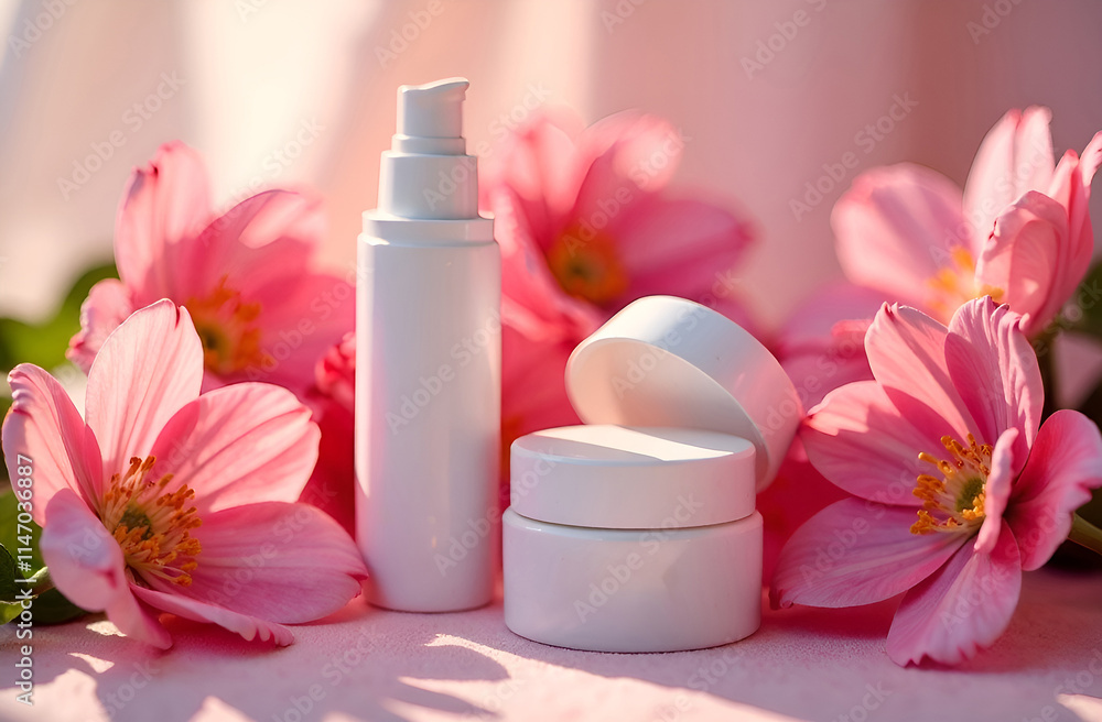 Pink flowers and skincare products with elegant white containers in natural light Pink flowers and skincare products with elegant white containers in natural light