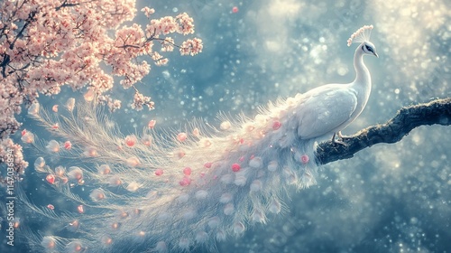 White peacock perched on branch, pink cherry blossoms.