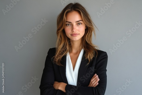 Confident young woman in professional attire poses with arms crossed against a light gray background in a modern