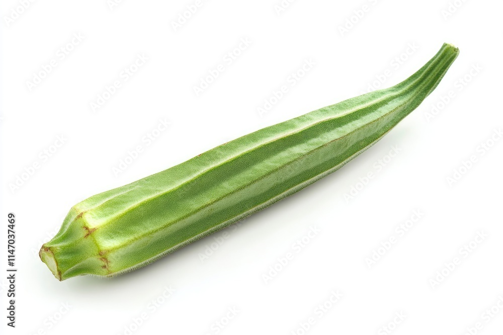 A single fresh okra pod, isolated on a white background A single fresh okra pod, isolated on a white background