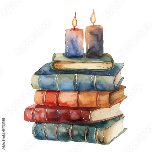 A watercolor of a glowing candle illuminating a stack of books, isolated on a white background. Books vector.
