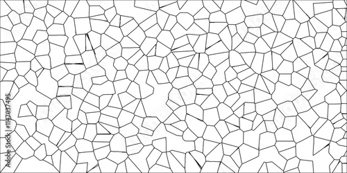 Abstract White Colored Broken Stained-Glass Geometric Retro Tiles Pattern w Black Lines & Quartz Crystal Voronoi Diagram Background for Website, Fabric Printing, Brochures, Luxury/Premium Packaging photo