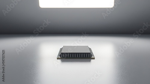 Sleek microchip showcased in focused lighting, emphasizing intri