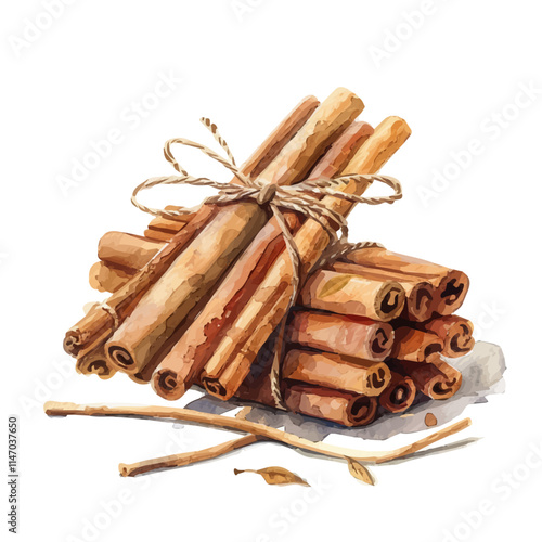 A watercolor illustration of a rustic stack of cinnamon sticks tied with twine, isolated on a white background. Cinnamon sticks vector.
