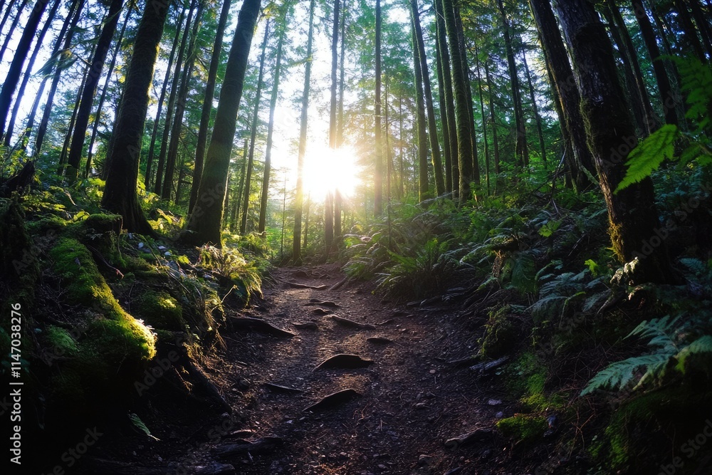 Fototapeta premium Sunlit forest path winds through tall trees, mossy roots visible, creating a serene and enchanting atmosphere.