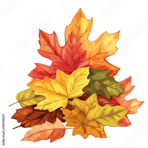 A watercolor drawing of a pile of colorful fall leaves stacked together, isolated on a white background. Fall leaves vector.
