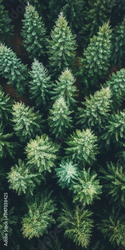 Aerial shot of dense pine forest showcasing vibrant green foliage, offering a tranquil view of nature from above.