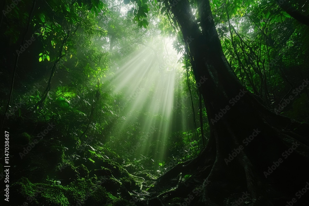 Obraz premium Sunbeams pierce through dense rainforest canopy, illuminating lush green foliage and ancient tree roots.