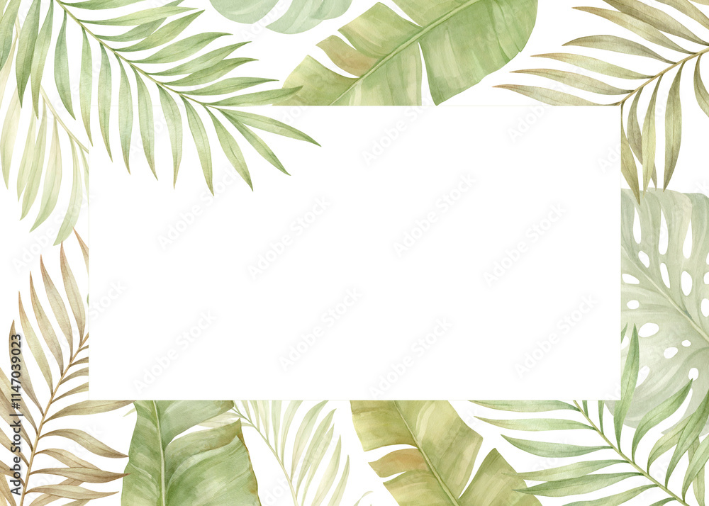 Naklejka premium Palm leaves in a horizontal frame with space for text.