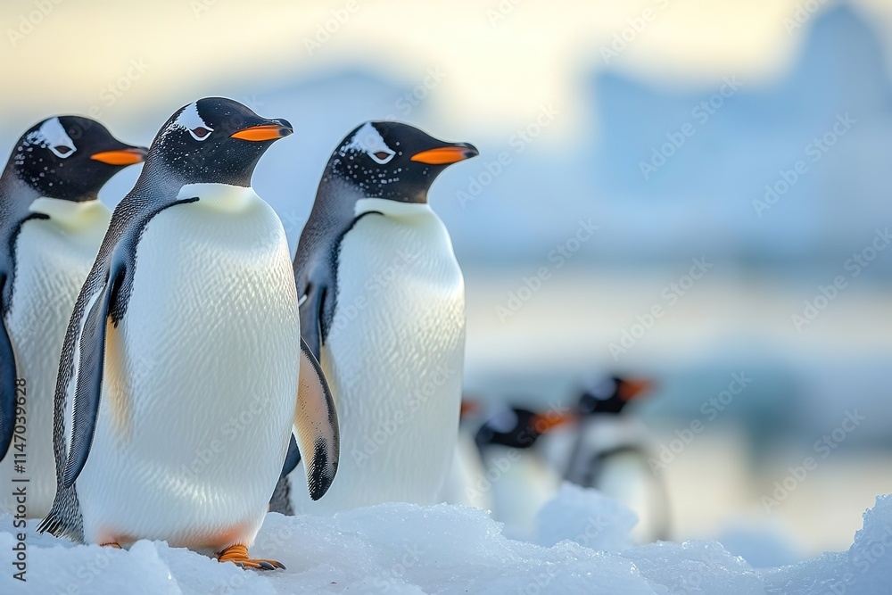 Fototapeta premium Gentle penguins marching on snow, showcasing vibrant colors agai