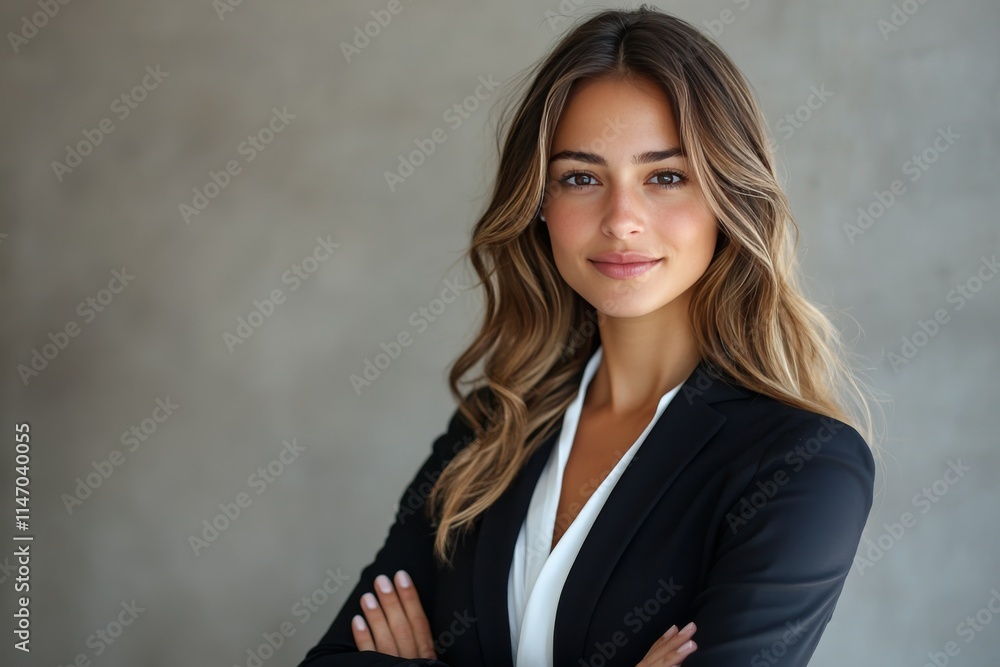 Confident young woman in professional attire poses with arms crossed against a light gray background in a modern Confident young woman in professional attire poses with arms crossed against a light gray background in a modern