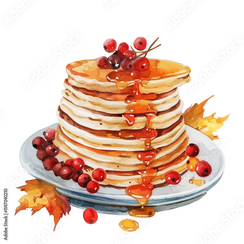 A watercolor of a stack of fluffy pancakes, isolated on a white background. 

