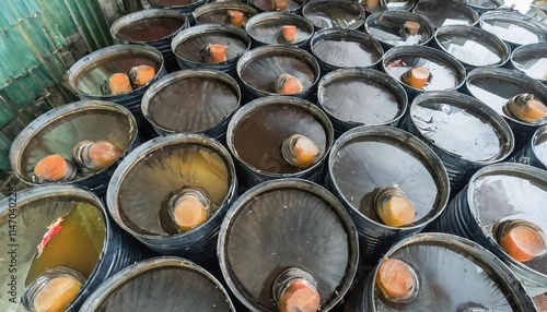 Palm Oil in Steel Drums Ready for Transportation and Food Industry Use photo