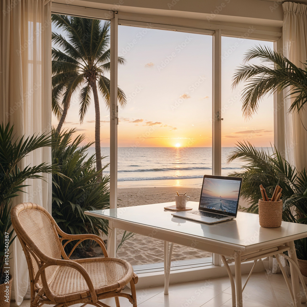 Fototapeta premium View of a desk and top of laptop with morning sunrise in sea by window