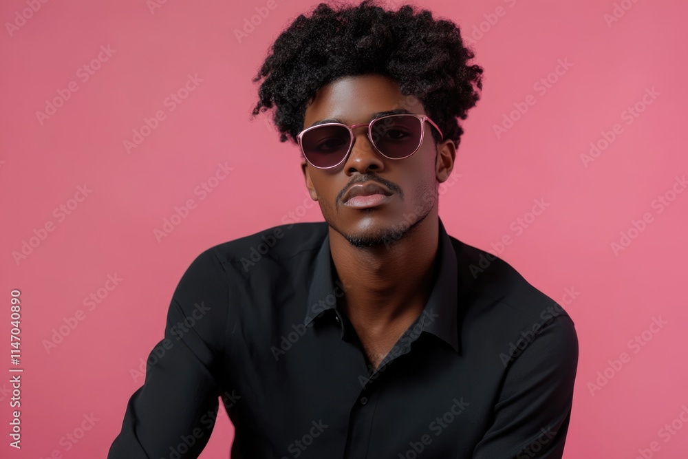 Afro American man in black shirt and sunglasses isolated against pink background. High quality photo Afro American man in black shirt and sunglasses isolated against pink background. High quality photo