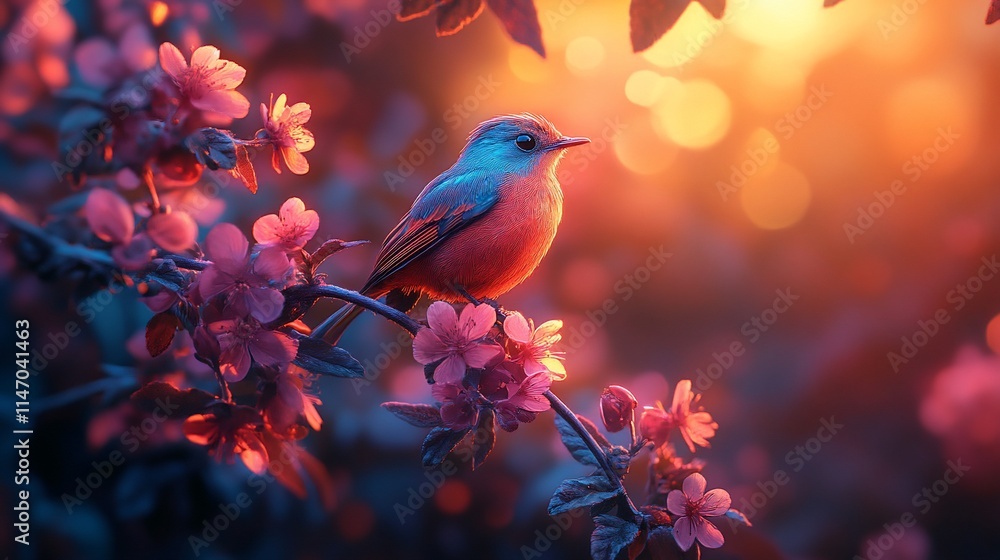 Bird perched on blossoming branch at sunset. Bird perched on blossoming branch at sunset.