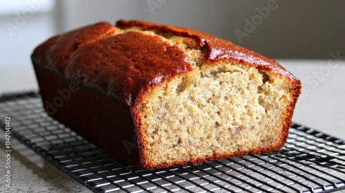 A freshly baked banana bread loaf on a cooling rack, sliced to reveal its moist and rich texture