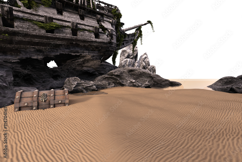 Obraz premium 3D rendered fantasy stranded pirate ship as a backdrop with transparent background 