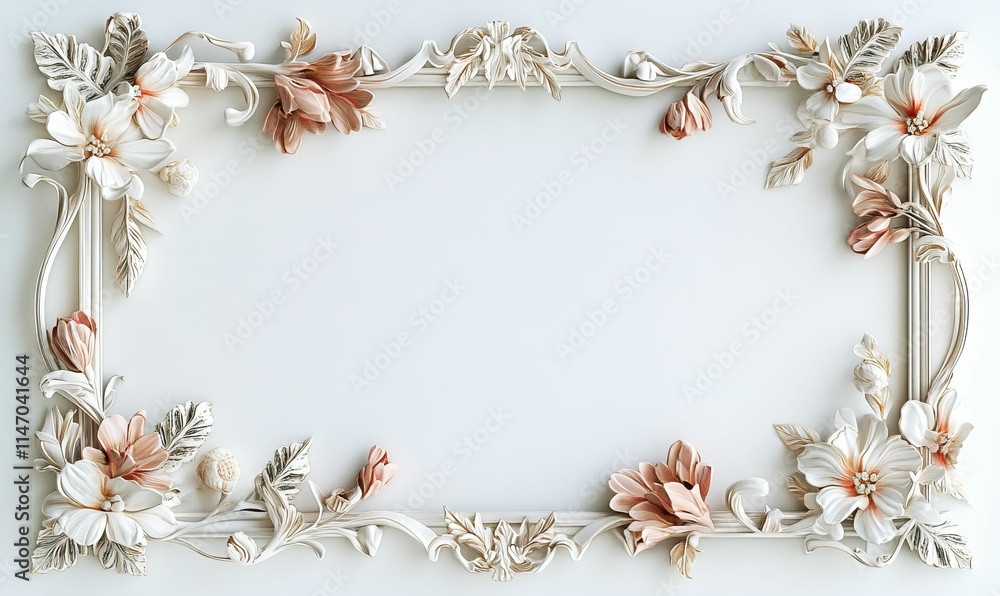 Ornate floral frame, white, beige flowers. Ornate floral frame, white, beige flowers.