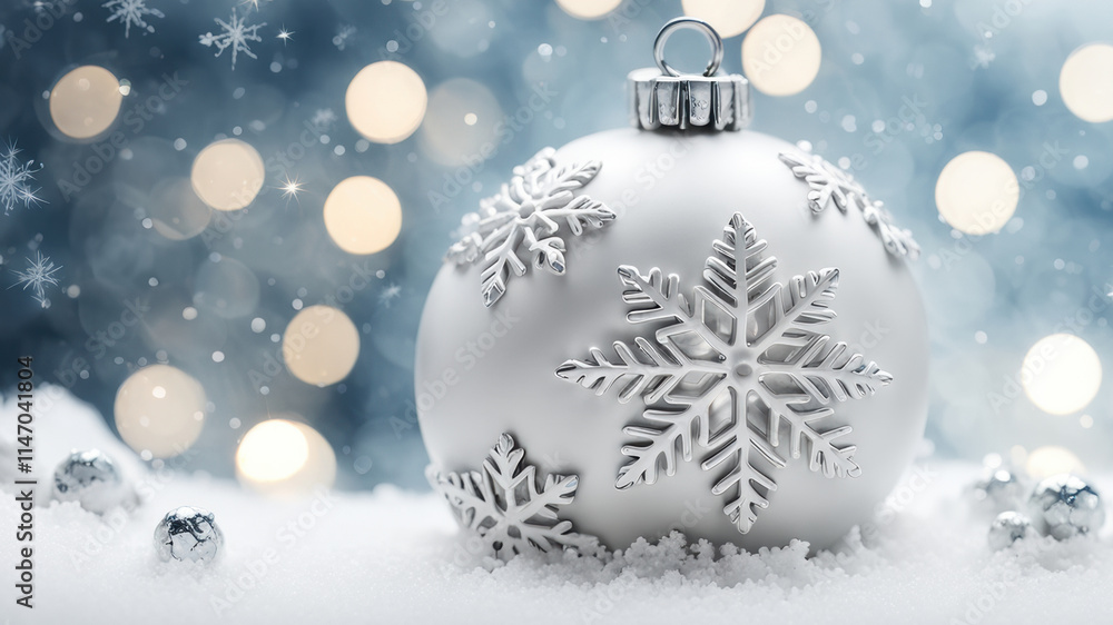 Christmas photo concept of a festive background featuring a Christmas white ball in the snow. The background is blurred with a place to copy. Christmas photo concept of a festive background featuring a Christmas white ball in the snow. The background is blurred with a place to copy.