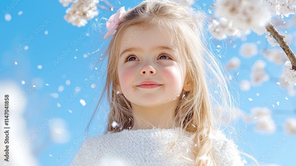 Happy little girl under blooming cherry tree. Happy little girl under blooming cherry tree.