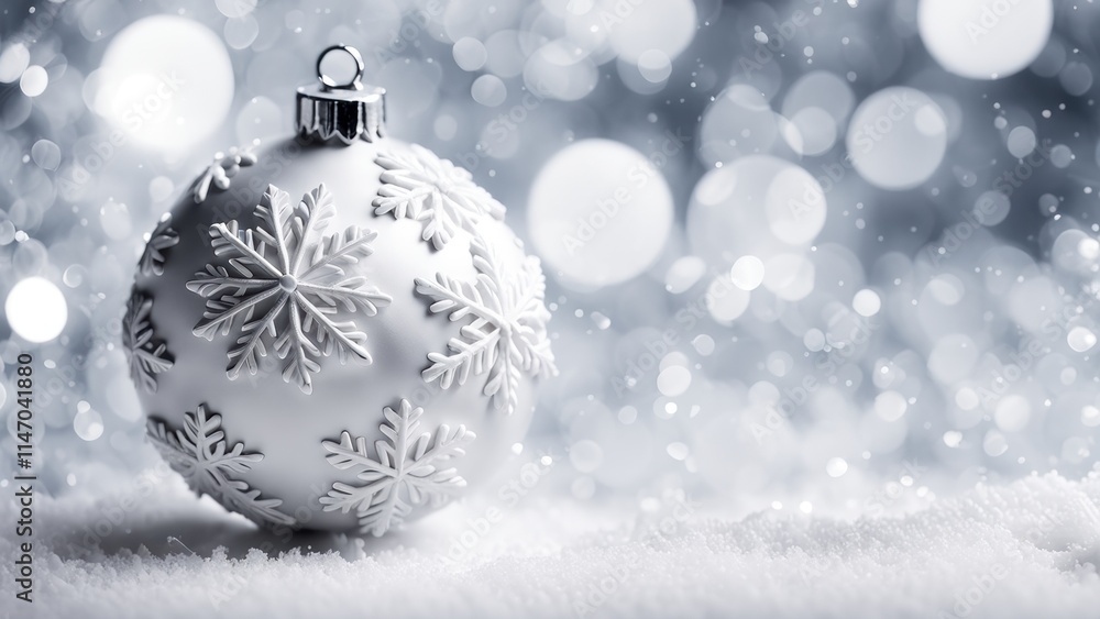 Christmas photo concept of a festive background featuring a Christmas white ball in the snow. The background is blurred with a place to copy. Christmas photo concept of a festive background featuring a Christmas white ball in the snow. The background is blurred with a place to copy.