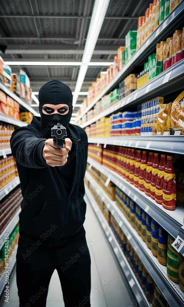 Man in a mask raising a gun in a supermarket. Thief in a grocery store aisle pointing a gun directly at the camera Man in a mask raising a gun in a supermarket. Thief in a grocery store aisle pointing a gun directly at the camera