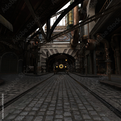 3D rendered steampunk cityscape isolated on transparent background