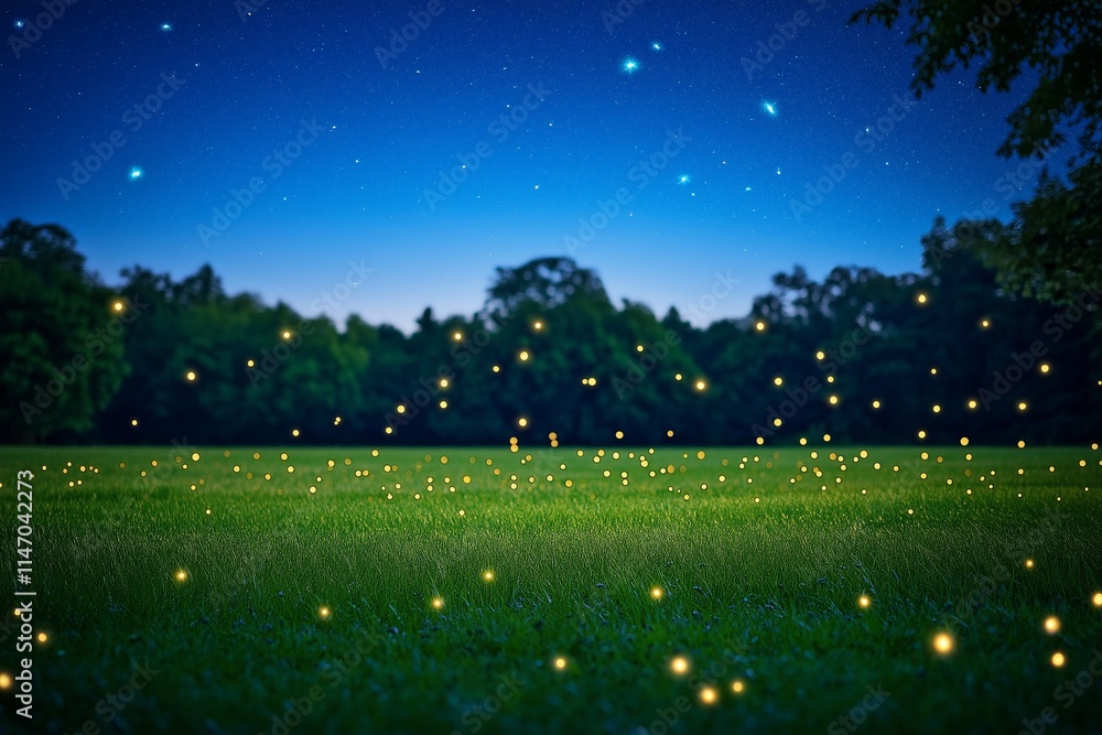 Magical meadow illuminated by fireflies, bathed in moonlight within a tranquil forest Magical meadow illuminated by fireflies, bathed in moonlight within a tranquil forest