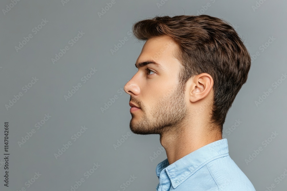 Obraz premium Portrait of handsome guy in blue shirt on grey background.