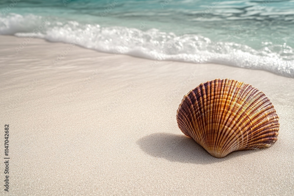 Delicate seashell rests on soft sand, kissed by gentle waves und Delicate seashell rests on soft sand, kissed by gentle waves und