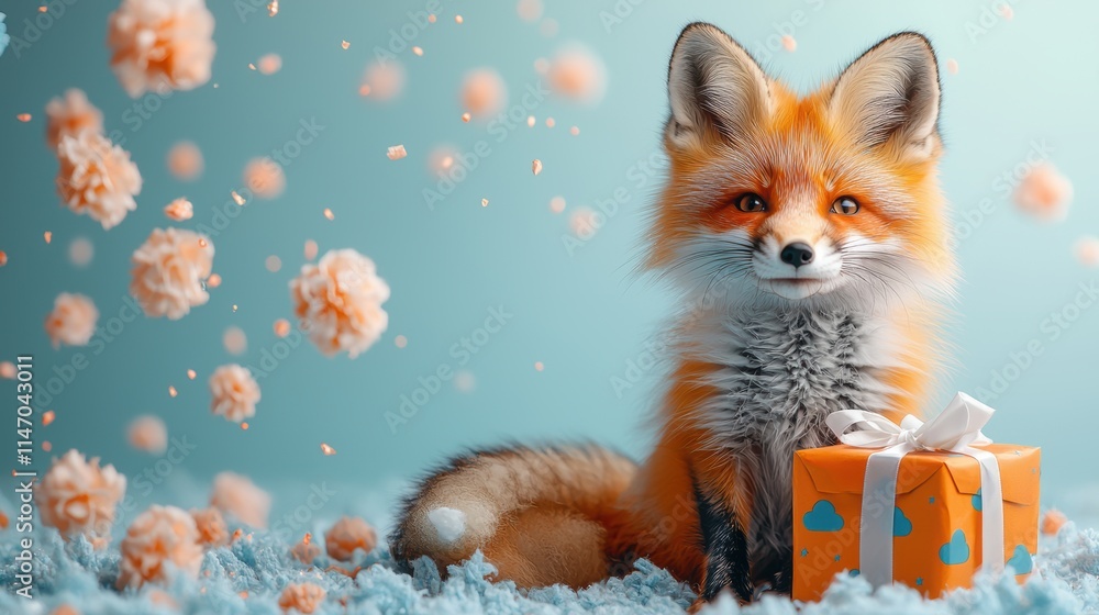 Obraz premium Adorable orange fox in a white T-shirt with a blue cloud design, sitting beside an orange gift box with white clouds and a blue ribbon, against a pure light blue background.
