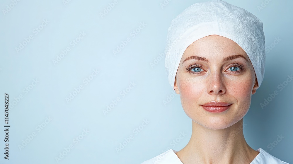 Portrait of a female medical professional wearing a white surgical cap against a light blue background. Portrait of a female medical professional wearing a white surgical cap against a light blue background.