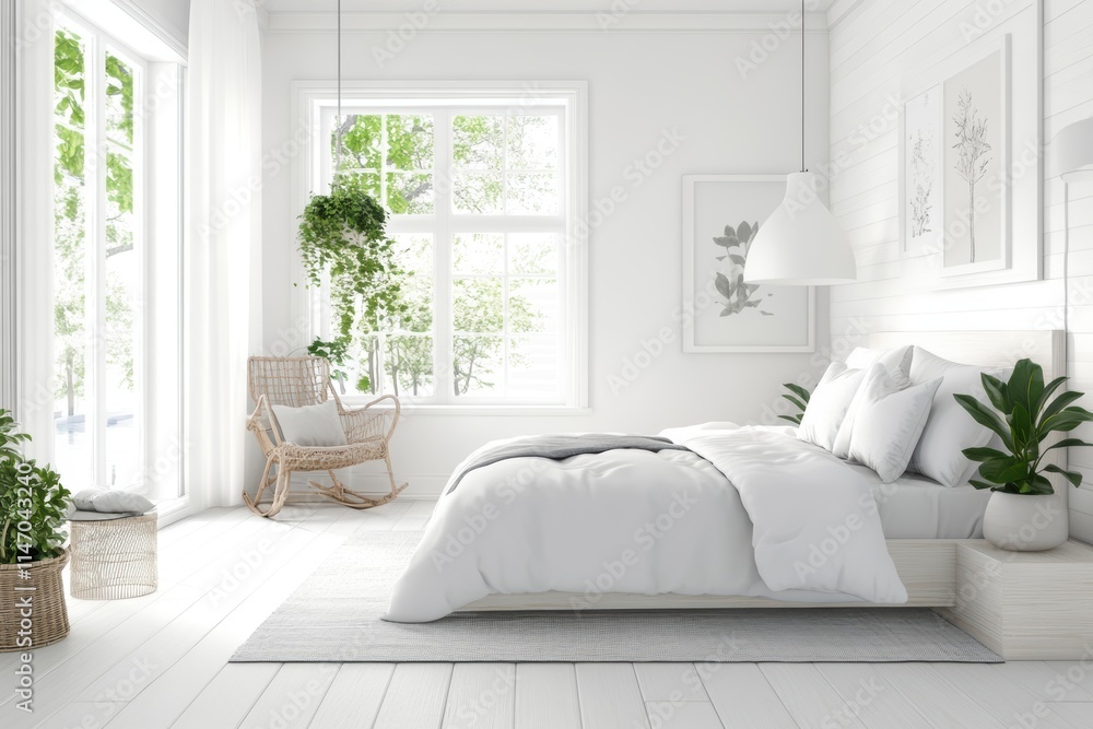 White bedroom with a white bed, white pillows, and white sheets. Banner White bedroom with a white bed, white pillows, and white sheets. Banner