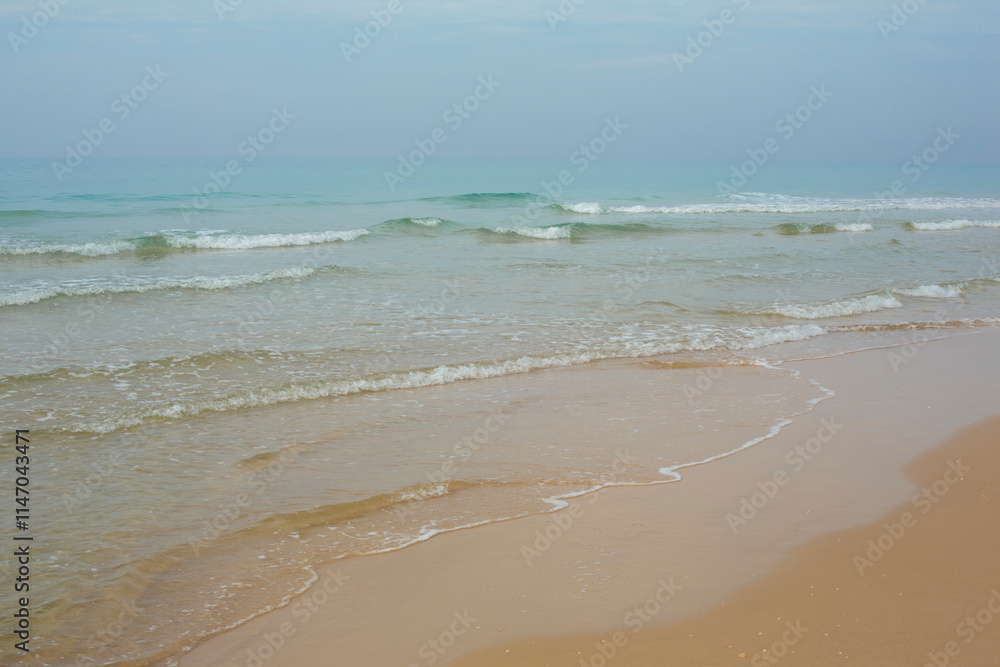 A peaceful beach scene showing gentle ocean waves lapping onto the sandy shoreline under a soft blue sky.
A peaceful beach scene showing gentle ocean waves lapping onto the sandy shoreline under a soft blue sky.