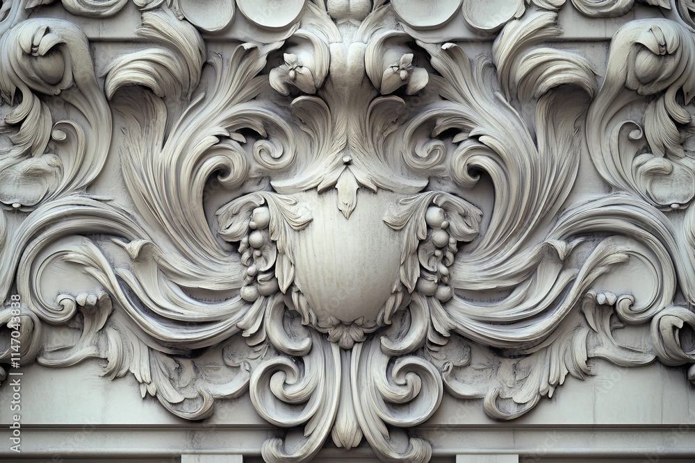 Ornate stone carving, swirling leaves, central shield. Ornate stone carving, swirling leaves, central shield.