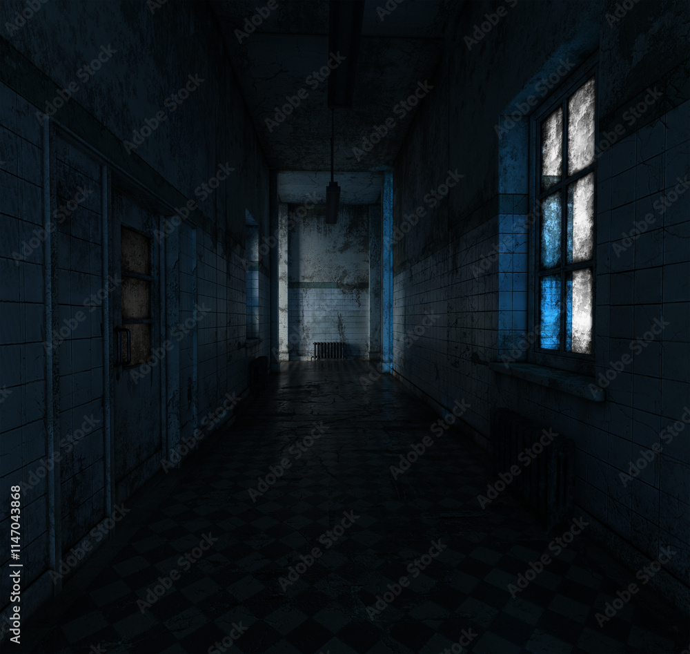 3D rendered abandoned interior institution as a background image 3D rendered abandoned interior institution as a background image