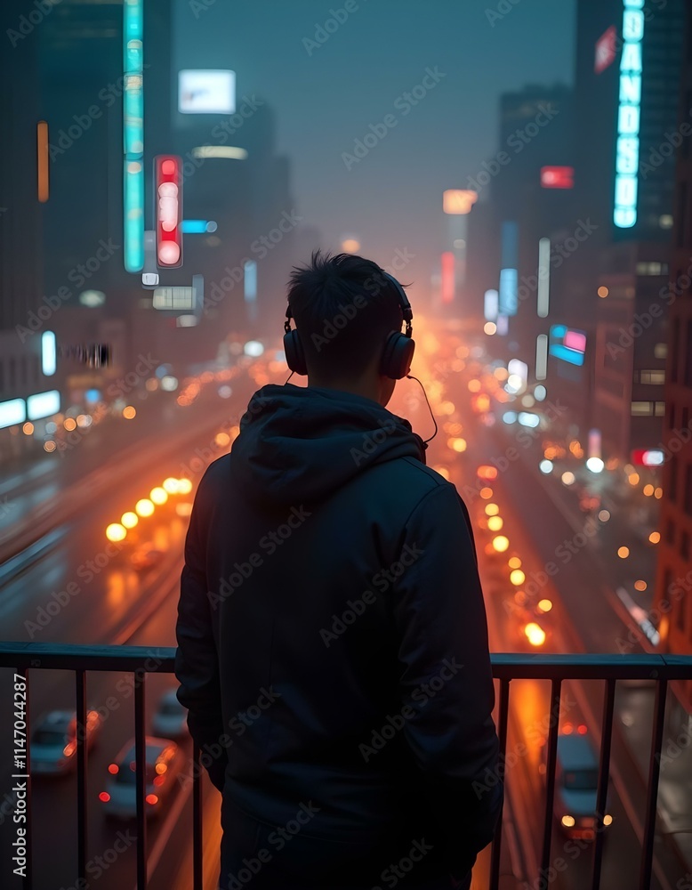Album cover showcasing a futuristic cityscape, illuminated by neon lights, with an artist standing in the foreground, wearing headphones and lost in thought., high detail, cold light tones, blue tones Album cover showcasing a futuristic cityscape, illuminated by neon lights, with an artist standing in the foreground, wearing headphones and lost in thought., high detail, cold light tones, blue tones