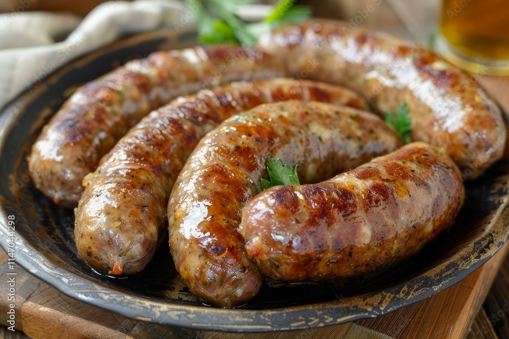 Fototapeta premium Juicy flavorful fried sausages with herbs on a plate are served for dinner