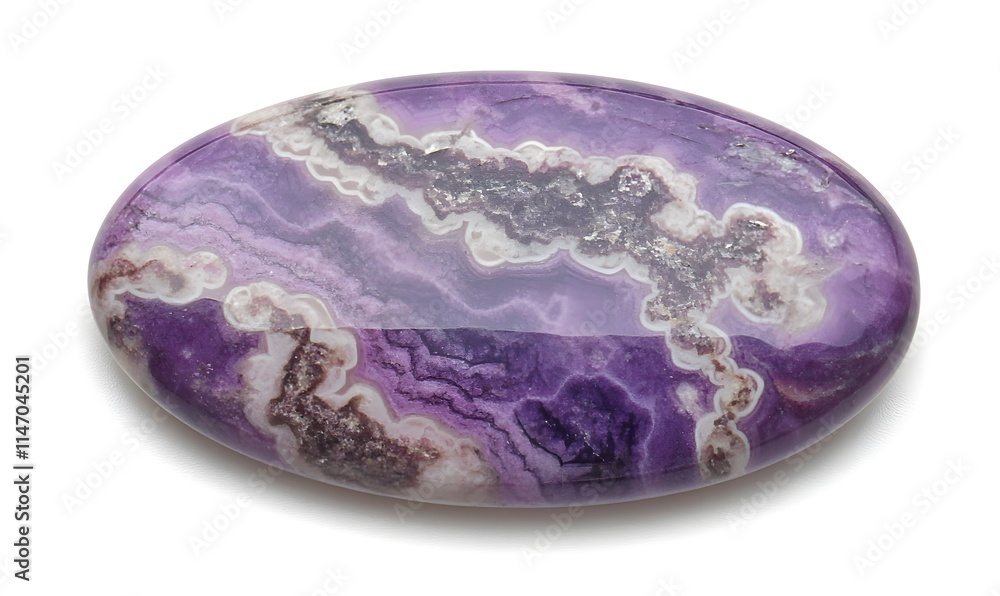 Polished oval purple stone with white veins. Polished oval purple stone with white veins.