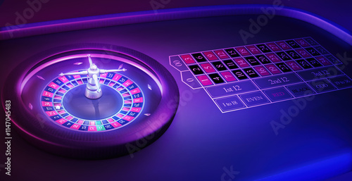 Retro neon lights Roulette. Casino online games concept, with vibrant colors. A fantasy 3D illustration betting template