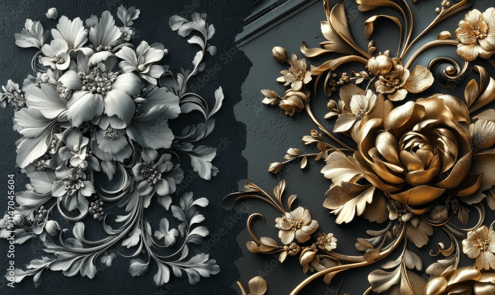 Ornate floral relief, gold and gray. Ornate floral relief, gold and gray.