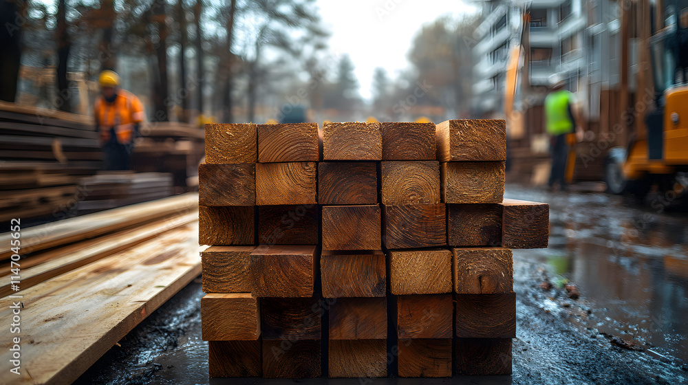 An In-Depth Look at a Stack of Untreated Wooden Beams at a Bustling Construction Site for a New House An In-Depth Look at a Stack of Untreated Wooden Beams at a Bustling Construction Site for a New House