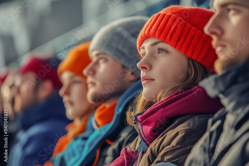 Winter sports. Fans of the hockey championship at the stadium. Winter games. Rest in winter. Hockey Championship. photo